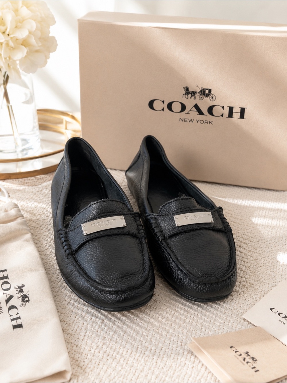 Coach Frederica Black Pebbled Leather Loafers Silver Logo Hardware Driving 7.5